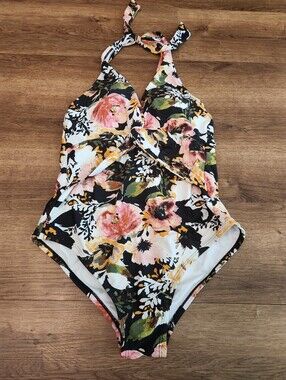 Kona Sol Twist Halter Floral One-piece Swimsuit Size Medium